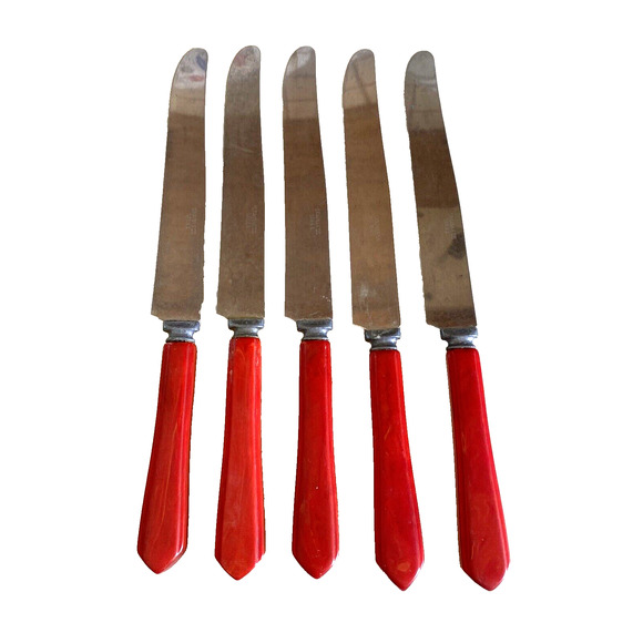 Vintage Red BAKELITE Handle Dinner Knives Set (5) Kitchen Stainless Steel Blades - Picture 4 of 9